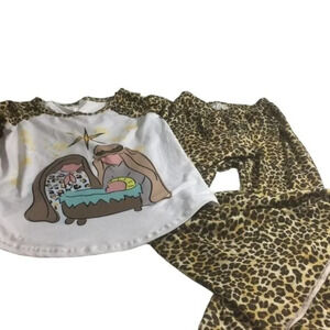 Girls Christmas Bell Bottom Pants Outfit Animal Print SZ 6-7